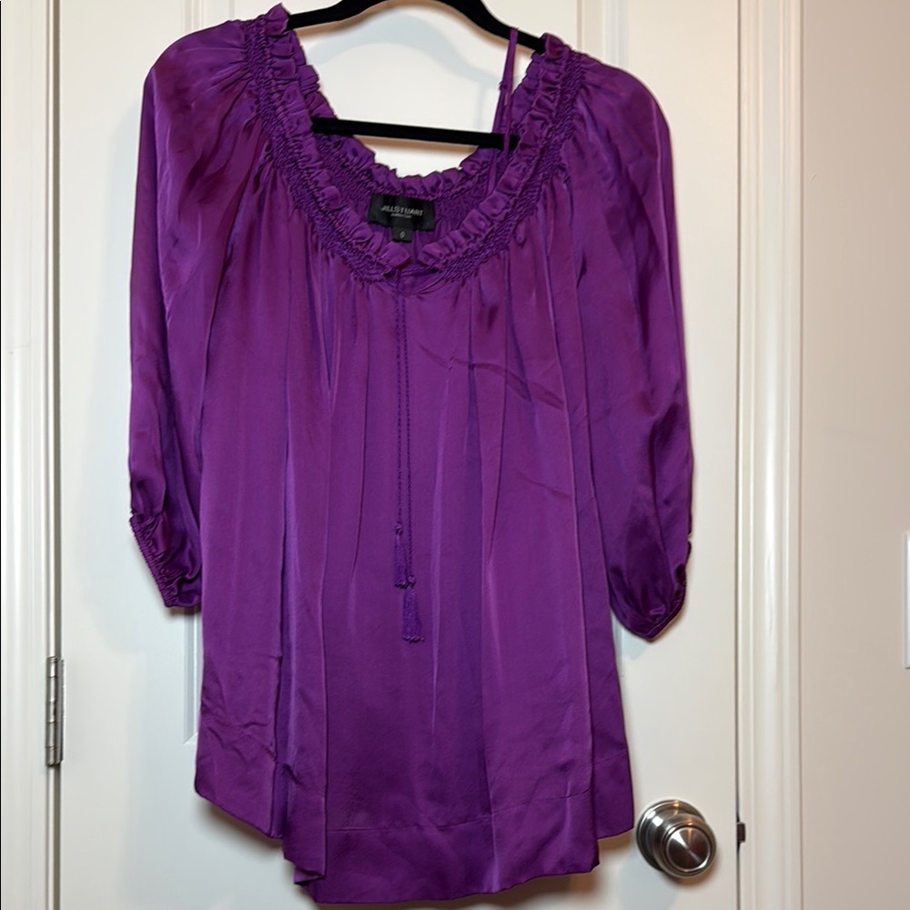Jill Stuart NWOT Purple Silk Blouse with 3/4 Sleeves and Ruffled Details